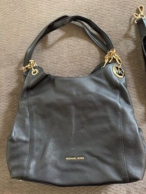 Michael Kors Black Pebbled Leather Shoulder Bag with Gold Accents